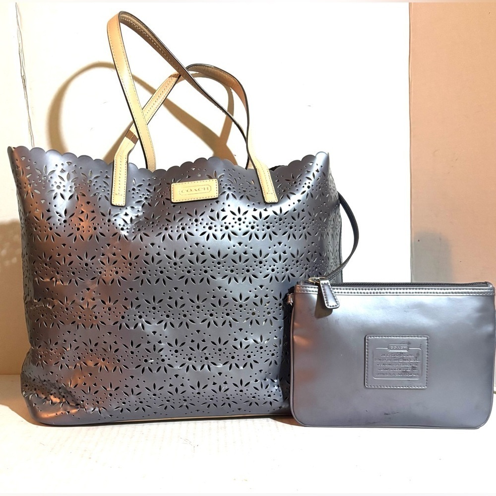 Coach metro eyelet slate purple Gray leather Perforated Tote Bag with Pouch